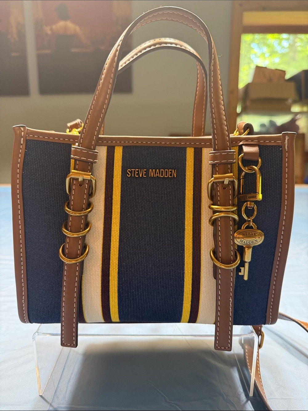 Steve Madden Navy, Brown & Yellow Striped Satchel